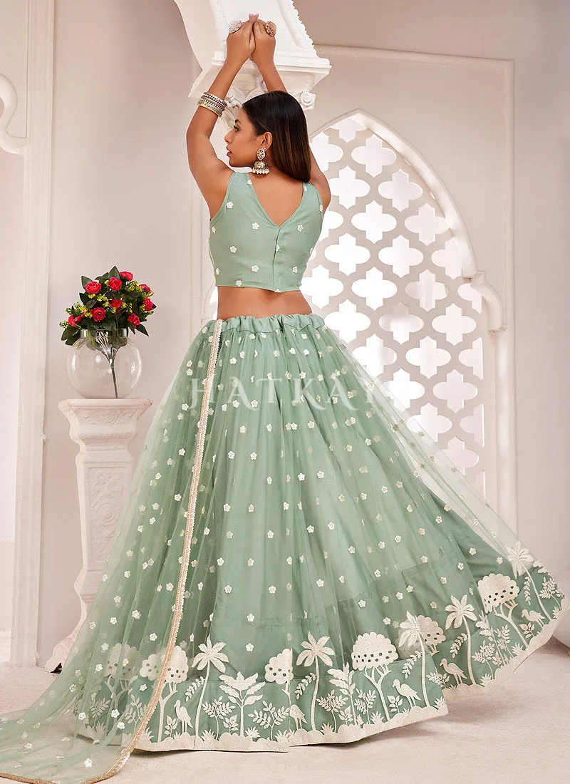 Pista Green Traditional Embroidered Wedding Lehenga Choli