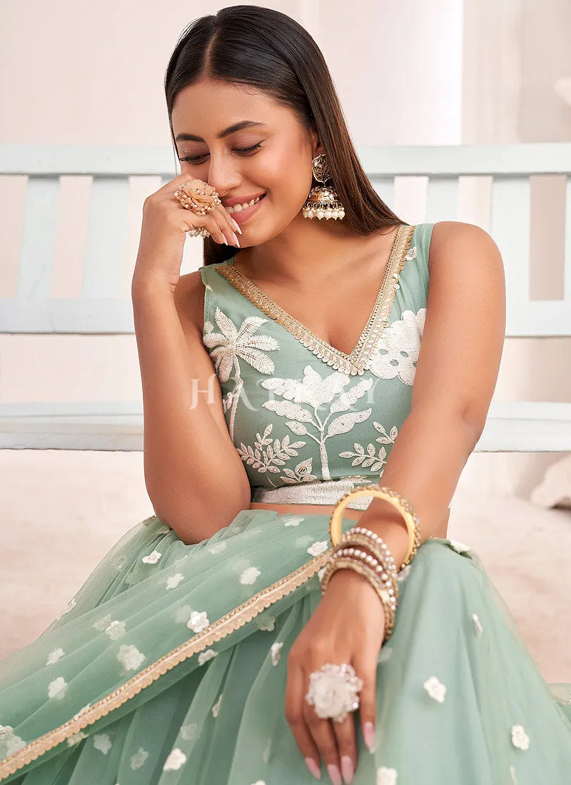Pista Green Traditional Embroidered Wedding Lehenga Choli