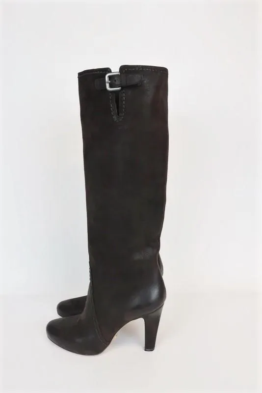 Prada Knee High Boots Dark Brown Leather Size 38.5 Side-Buckle High Heel