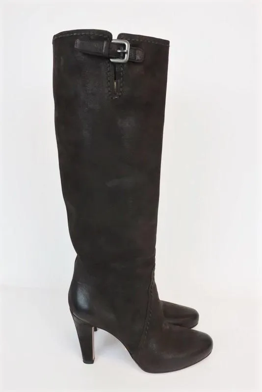 Prada Knee High Boots Dark Brown Leather Size 38.5 Side-Buckle High Heel