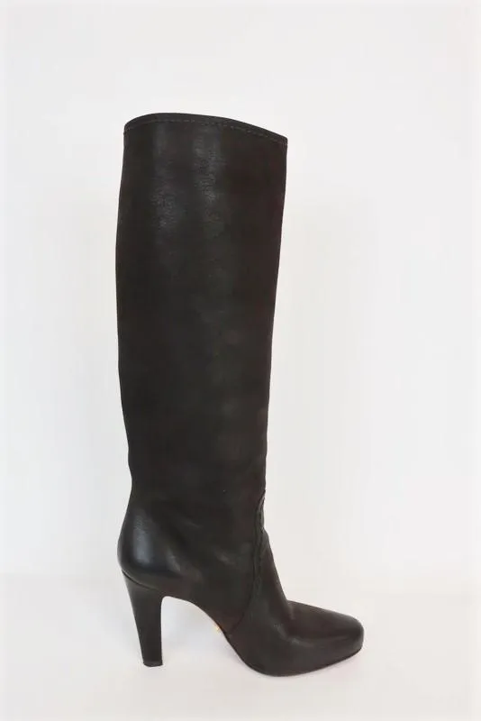 Prada Knee High Boots Dark Brown Leather Size 38.5 Side-Buckle High Heel