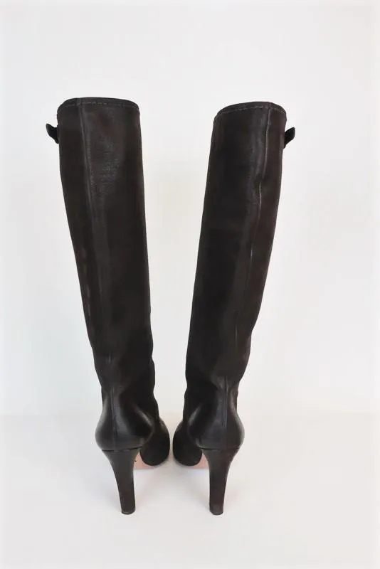 Prada Knee High Boots Dark Brown Leather Size 38.5 Side-Buckle High Heel