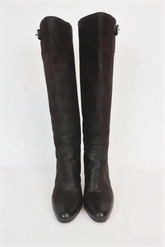 Prada Knee High Boots Dark Brown Leather Size 38.5 Side-Buckle High Heel