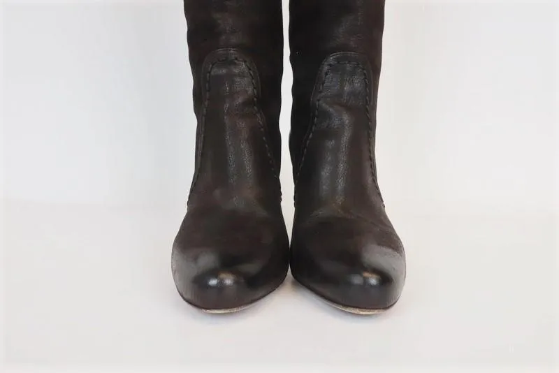 Prada Knee High Boots Dark Brown Leather Size 38.5 Side-Buckle High Heel