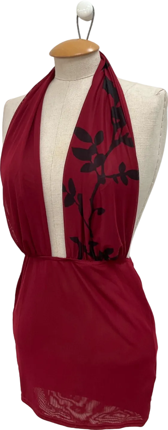 PrettyLittleThing Dark Red Flower Printed Mesh Extreme Plunge Top UK 8
