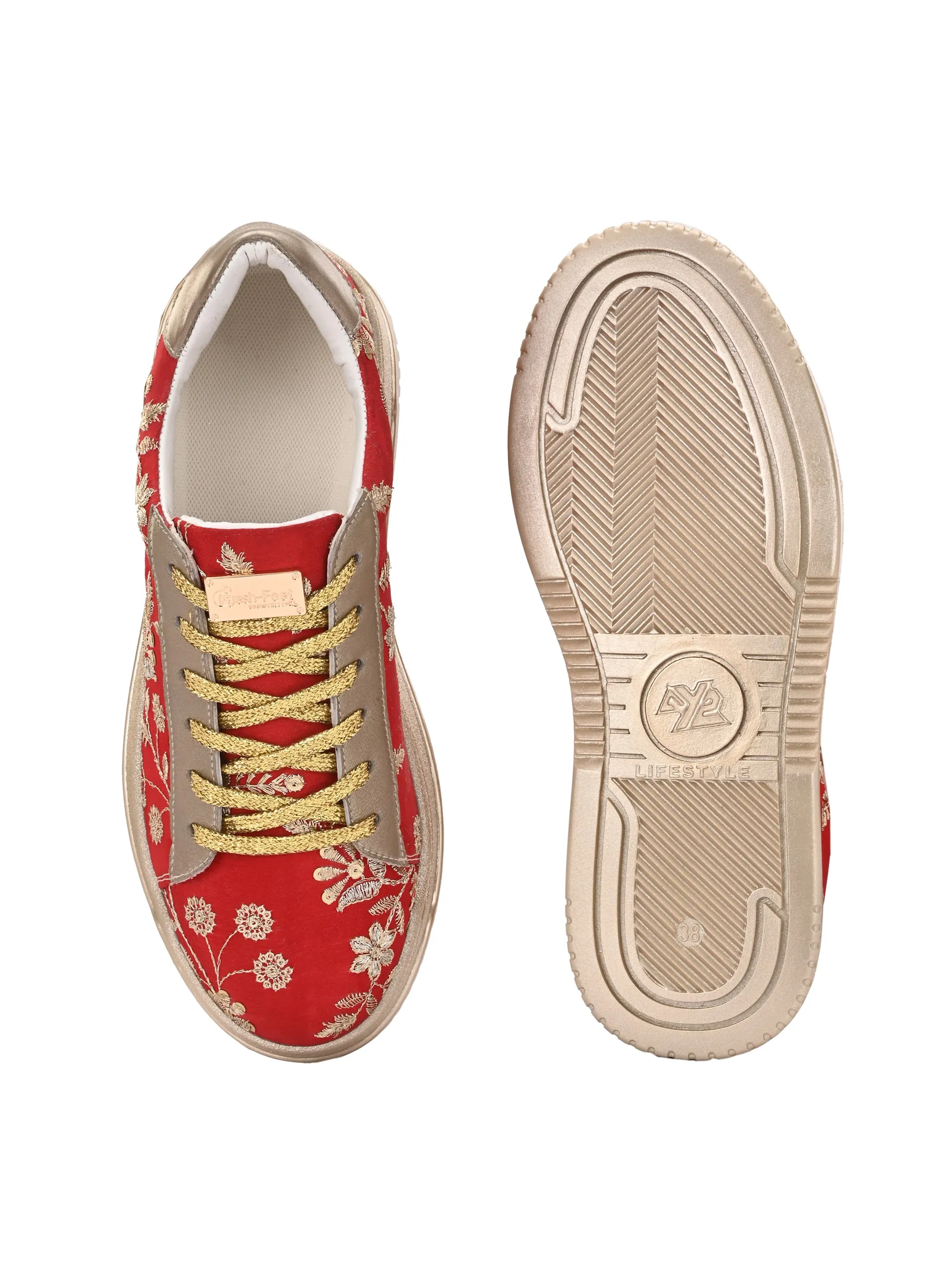 Red & Gold Customized Ethnic Sneakers