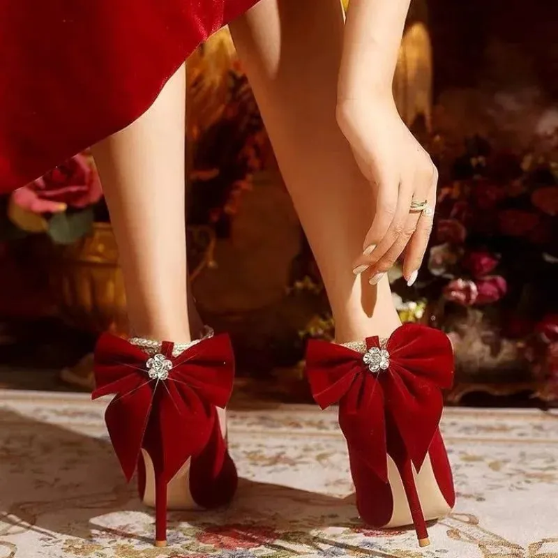 Red Pointy Stiletto Heels Shallow Mouth Bow Buckle Strap Pumps