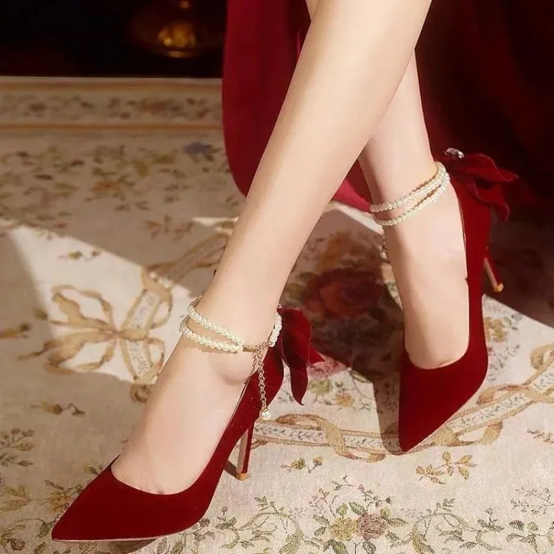Red Pointy Stiletto Heels Shallow Mouth Bow Buckle Strap Pumps