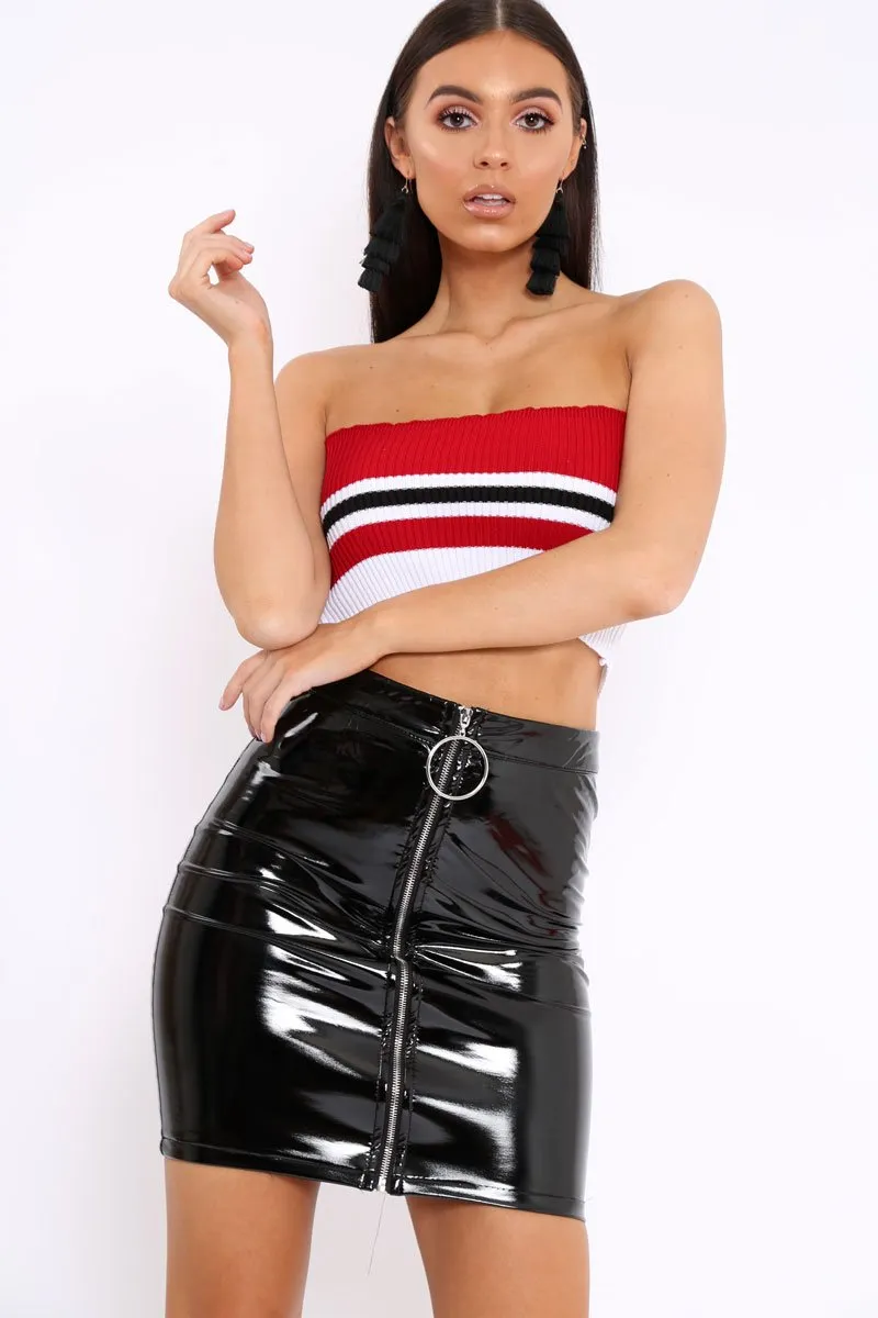 Red Stripe Knit Frill Bandeau Crop Top - Poppy