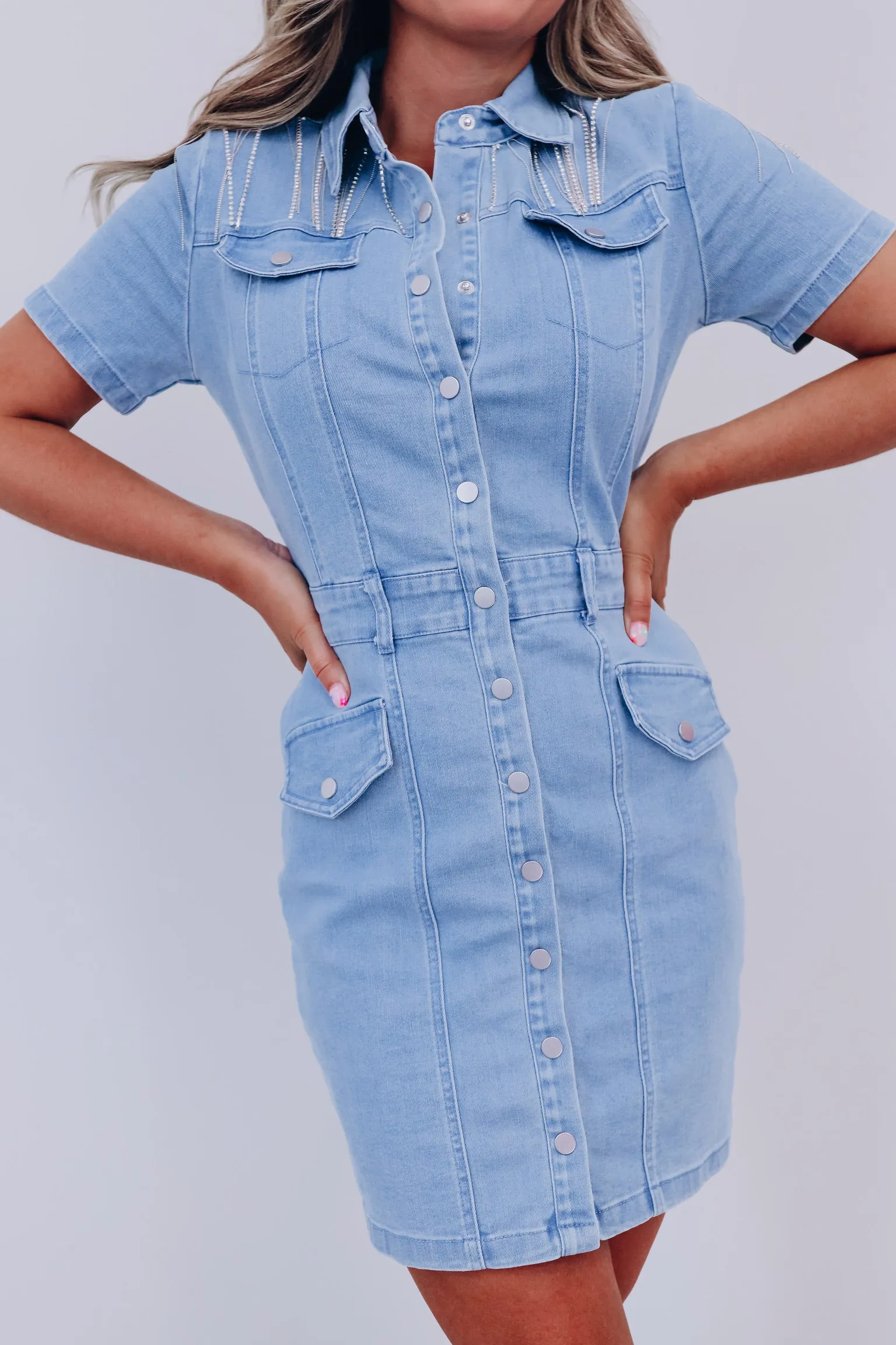 Roselle Rhinestone Fringe Denim Dress - Light Denim