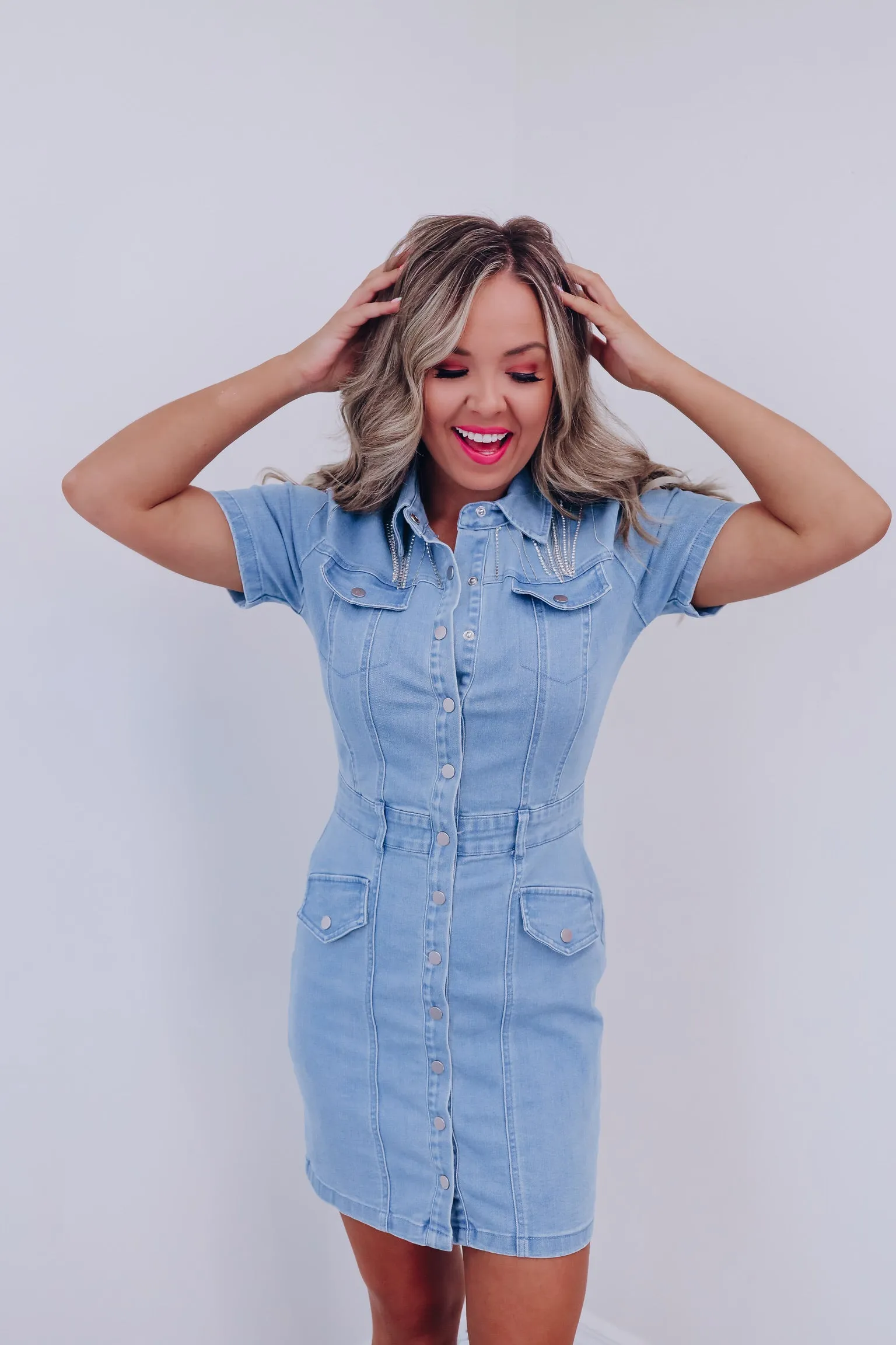 Roselle Rhinestone Fringe Denim Dress - Light Denim