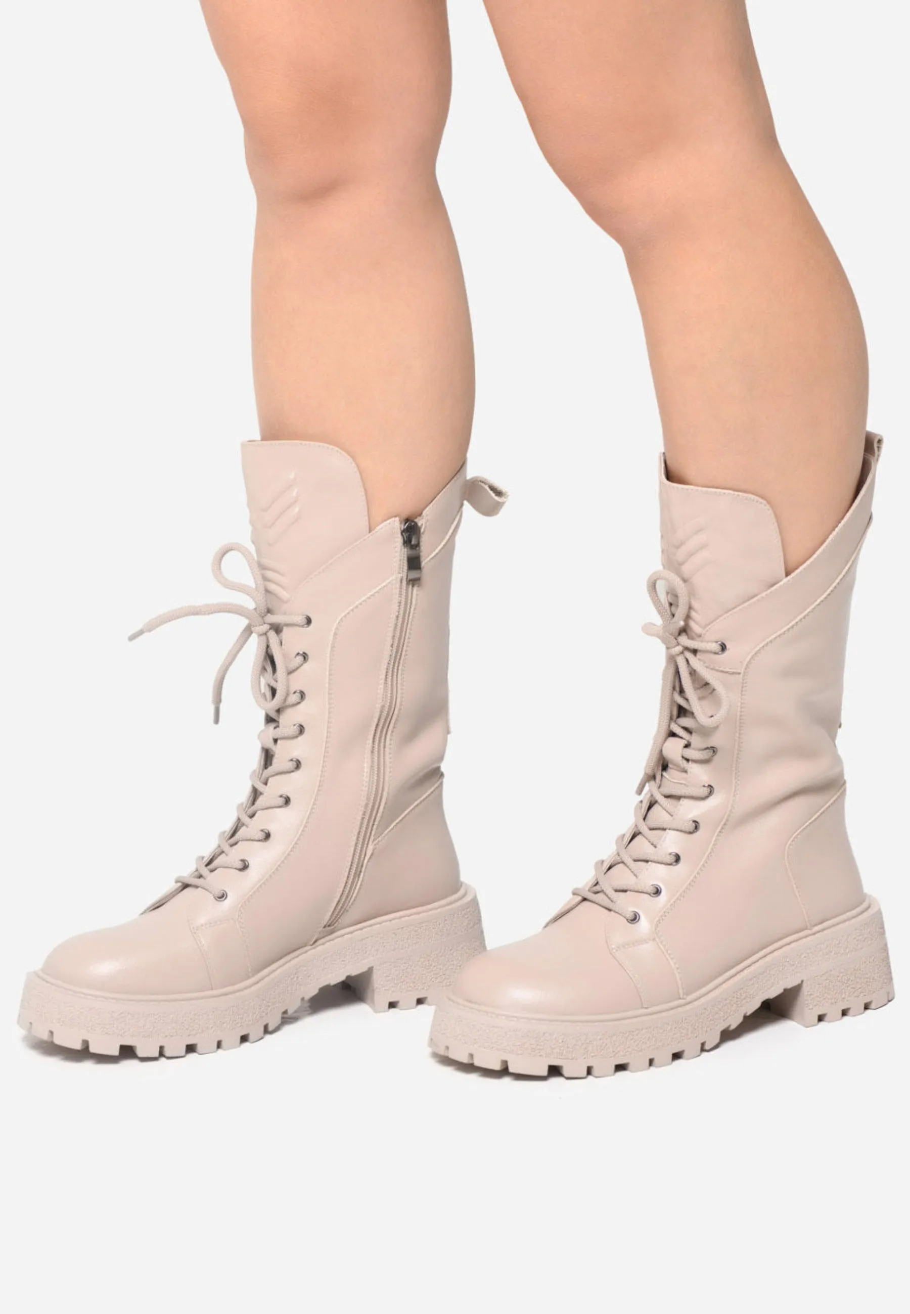 Rugged Lace-Up Combat Boots - Beige