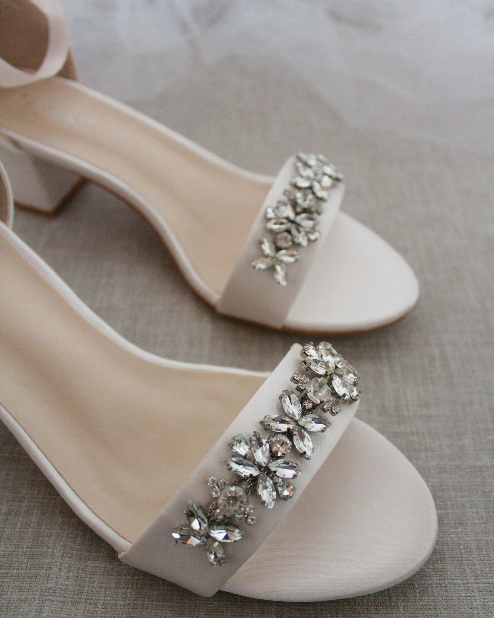 Satin Block Heel Sandals with Floral Rhinestones