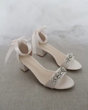 Satin Block Heel Sandals with Floral Rhinestones