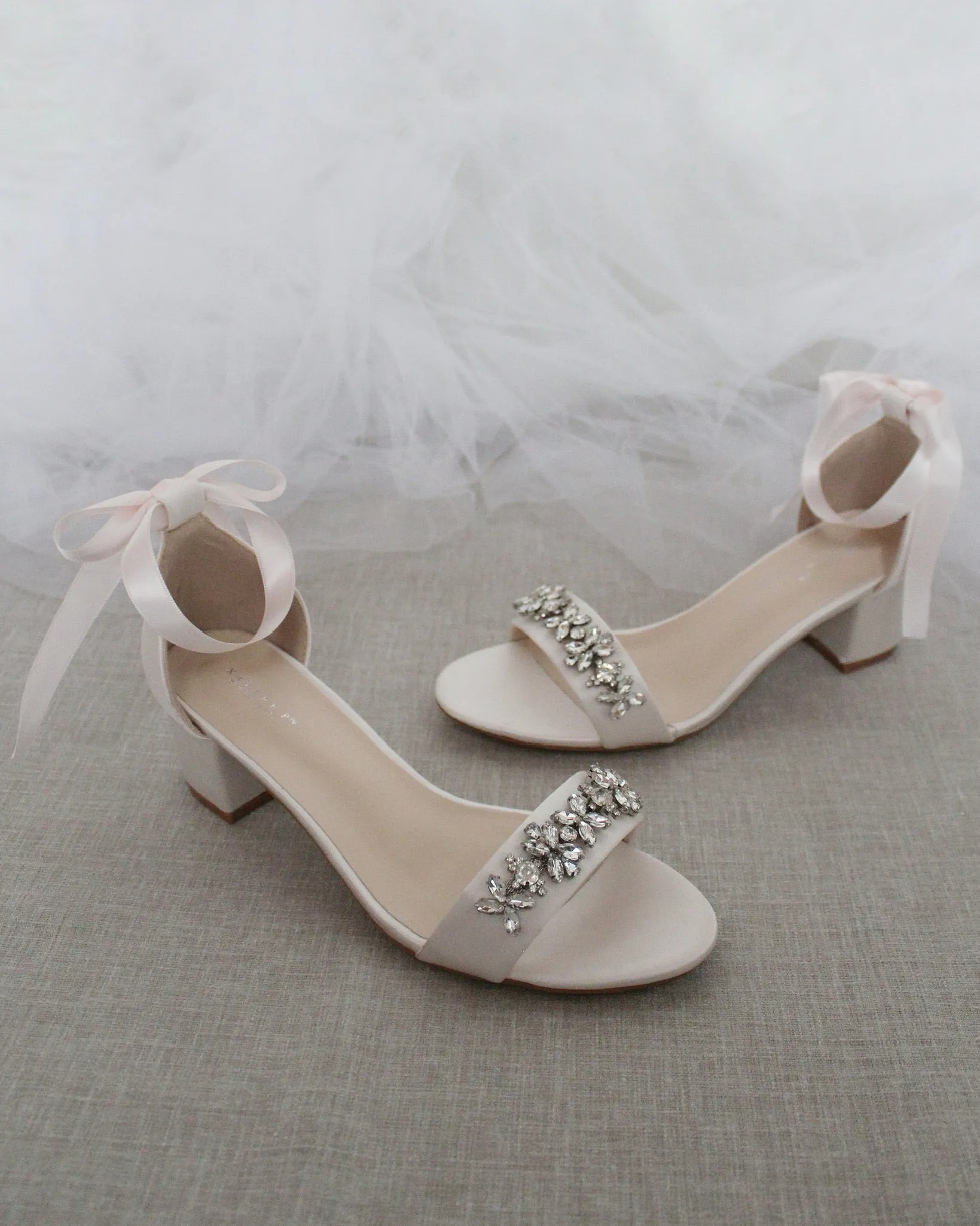 Satin Block Heel Sandals with Floral Rhinestones
