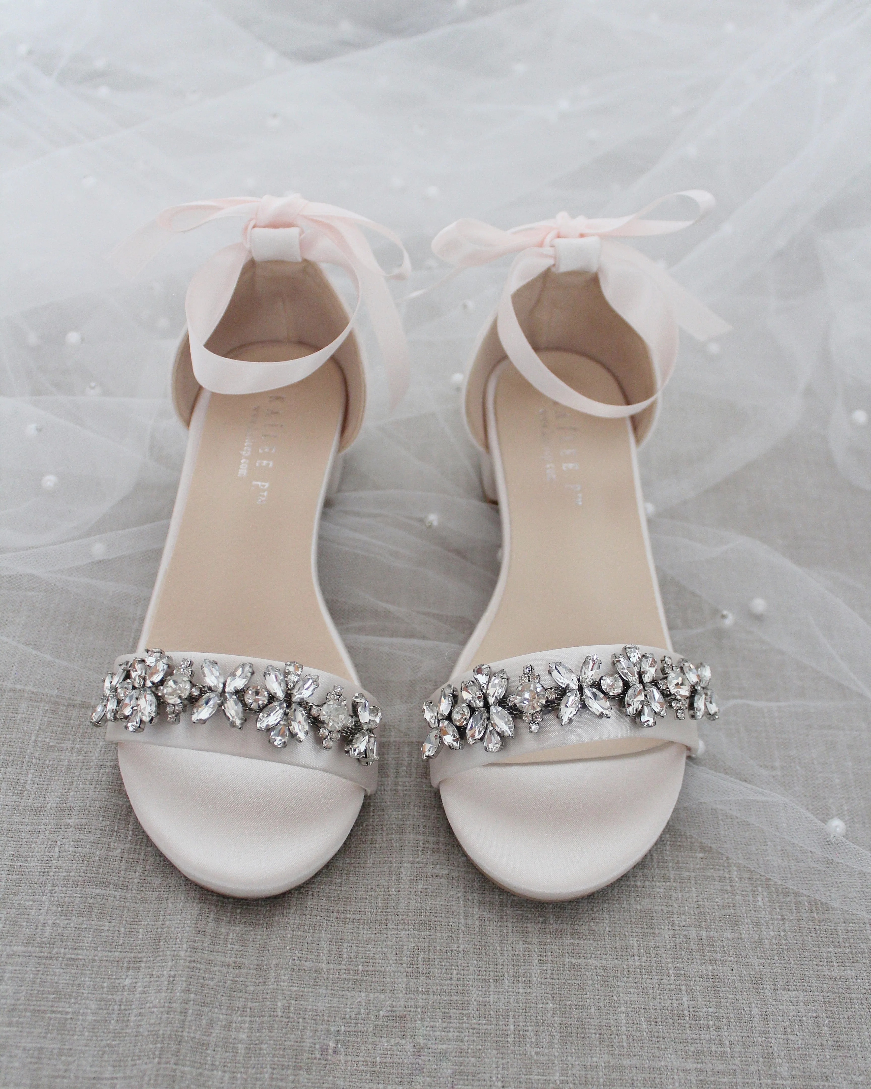 Satin Block Heel Sandals with Floral Rhinestones