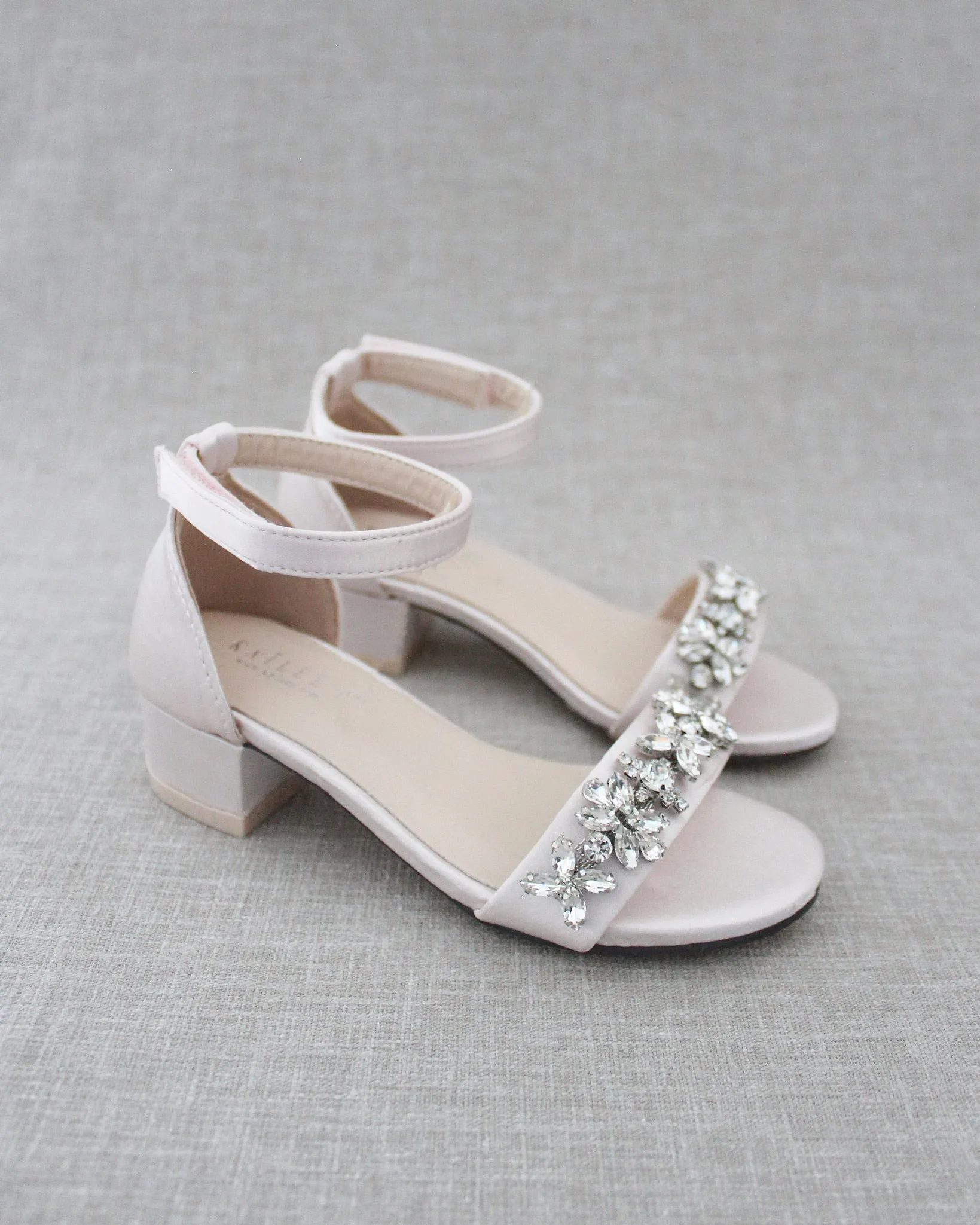 Satin Block Heel Sandals with Floral Rhinestones