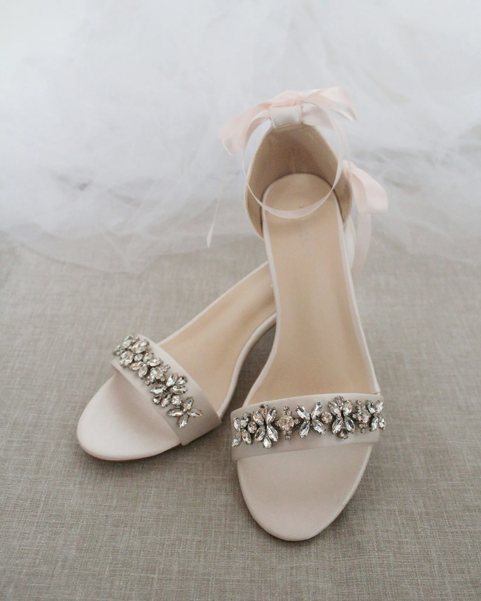 Satin Block Heel Sandals with Floral Rhinestones
