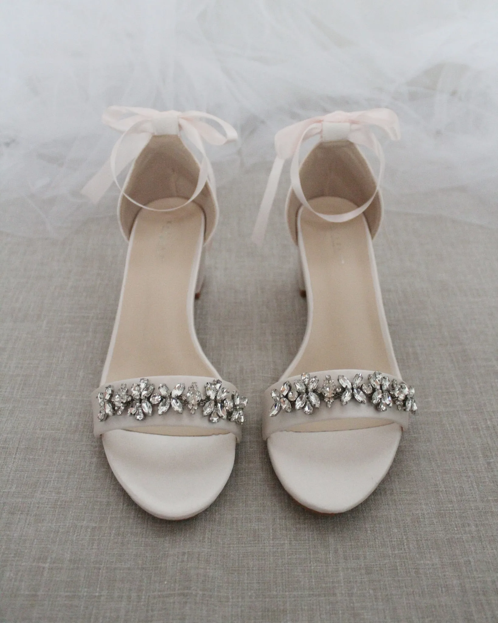 Satin Block Heel Sandals with Floral Rhinestones