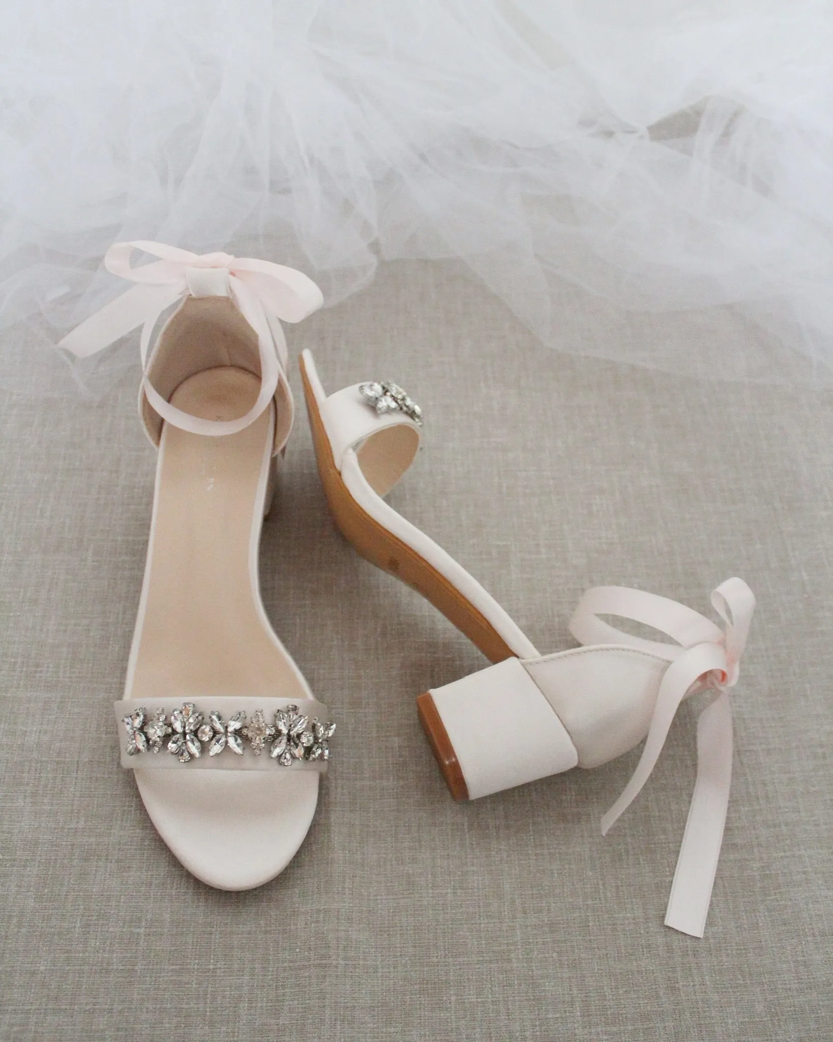 Satin Block Heel Sandals with Floral Rhinestones