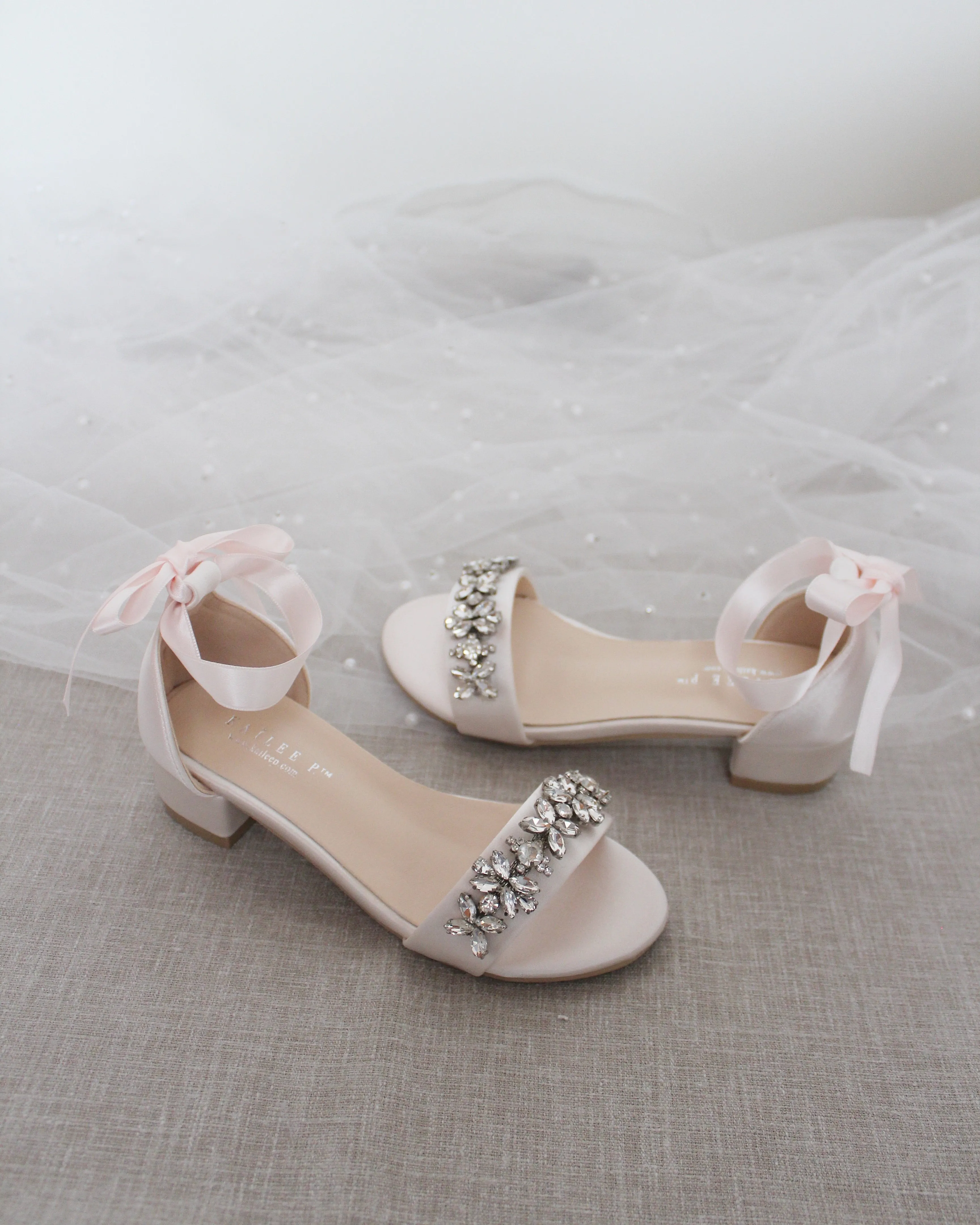 Satin Block Heel Sandals with Floral Rhinestones