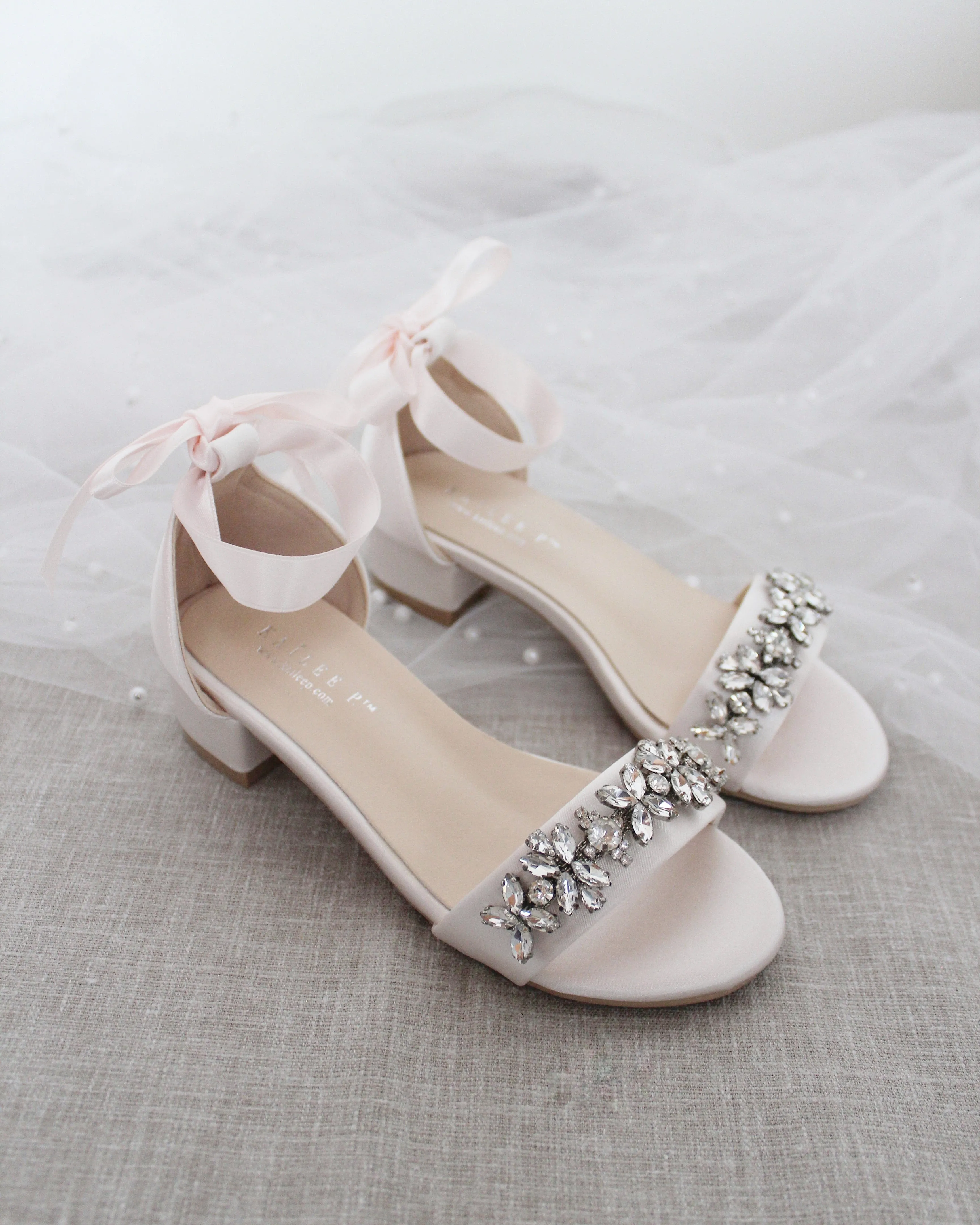 Satin Block Heel Sandals with Floral Rhinestones