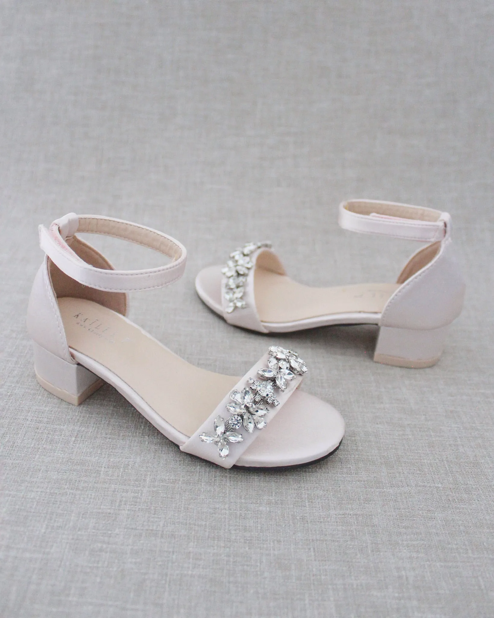 Satin Block Heel Sandals with Floral Rhinestones