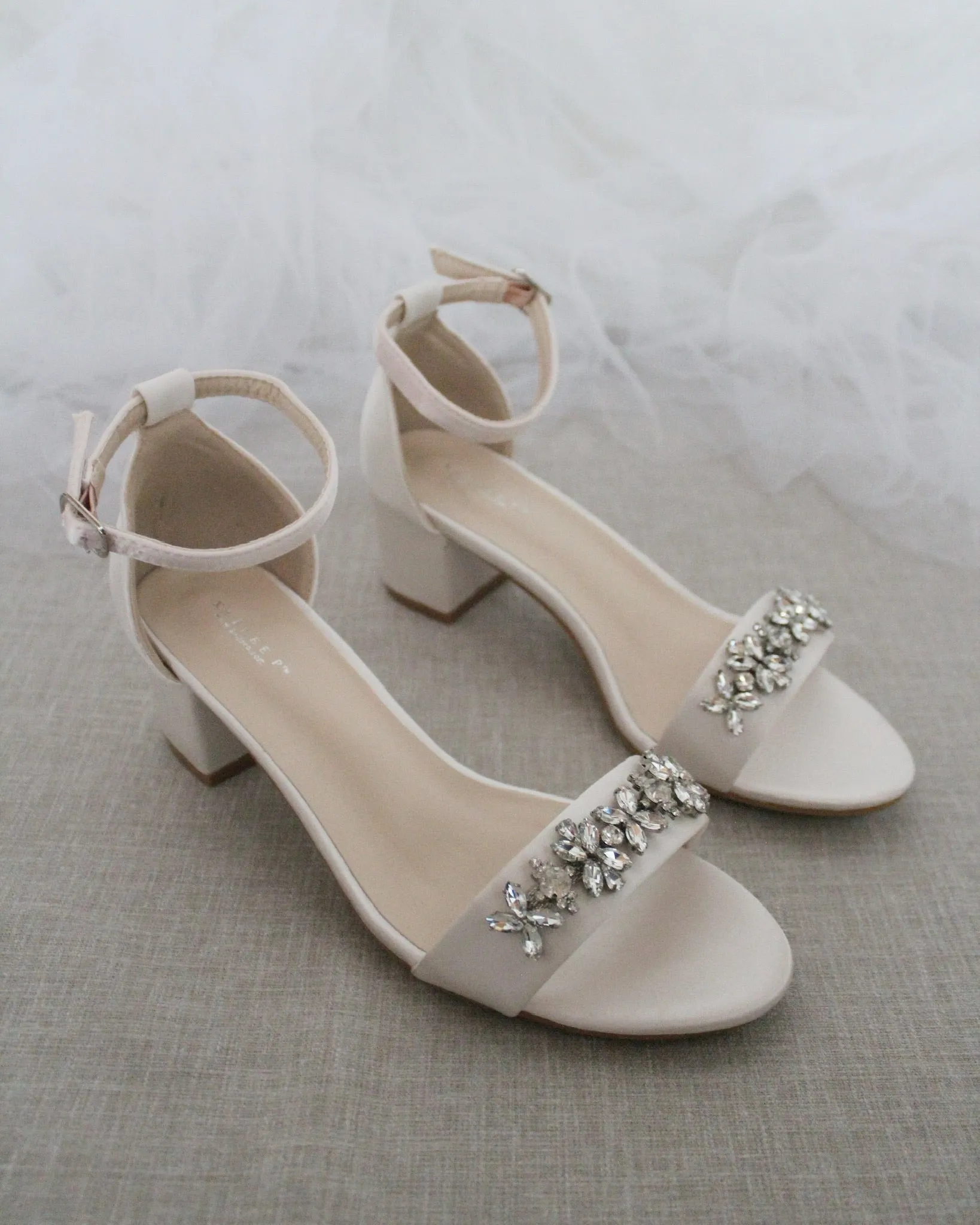 Satin Block Heel Sandals with Floral Rhinestones