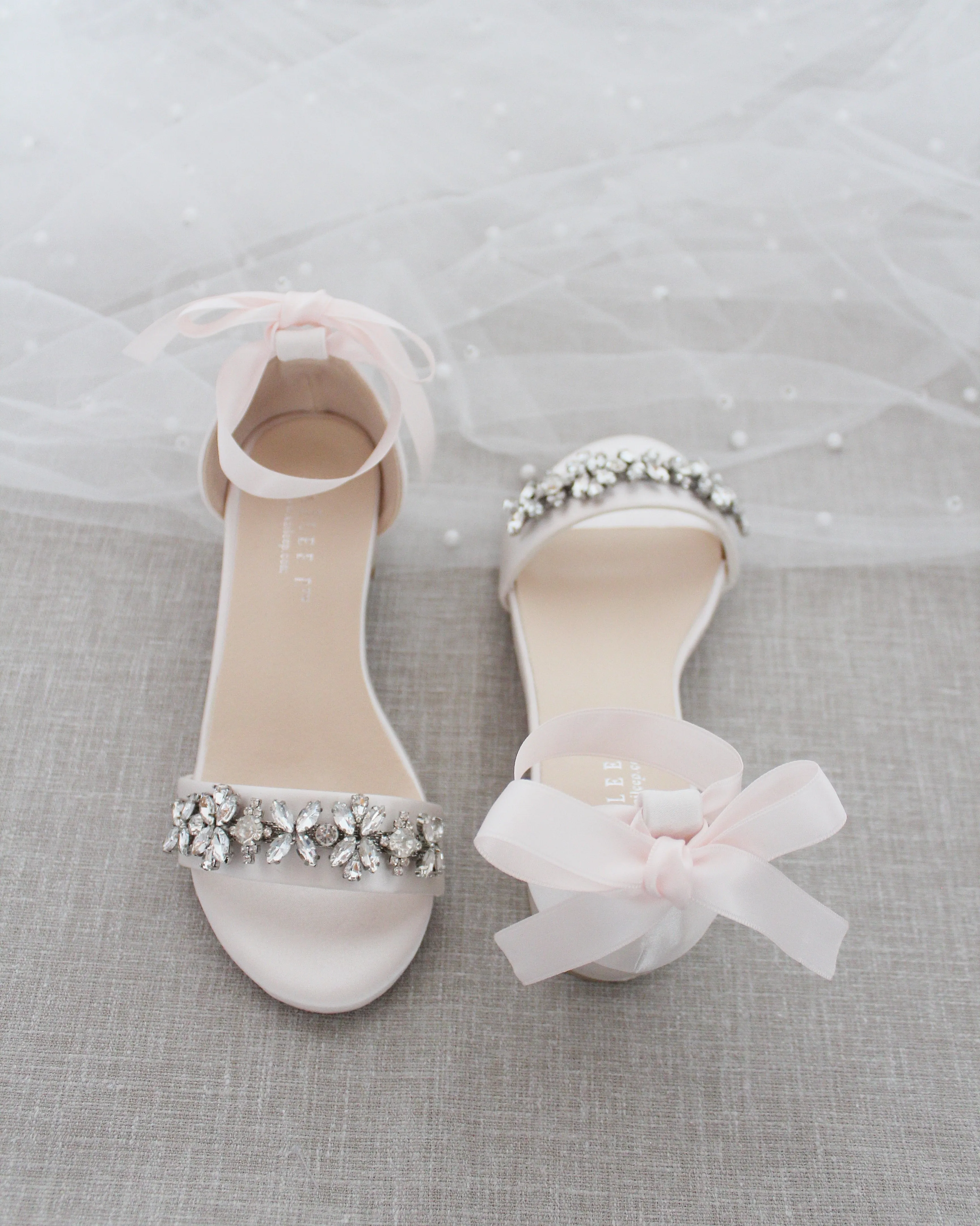 Satin Block Heel Sandals with Floral Rhinestones