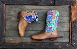 Size 41 - Convertible Cowgirl Boots - Light Tan and Green