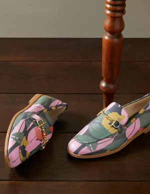 Snaffle Detail Leather Loafers-Navy, Abstract Bloom