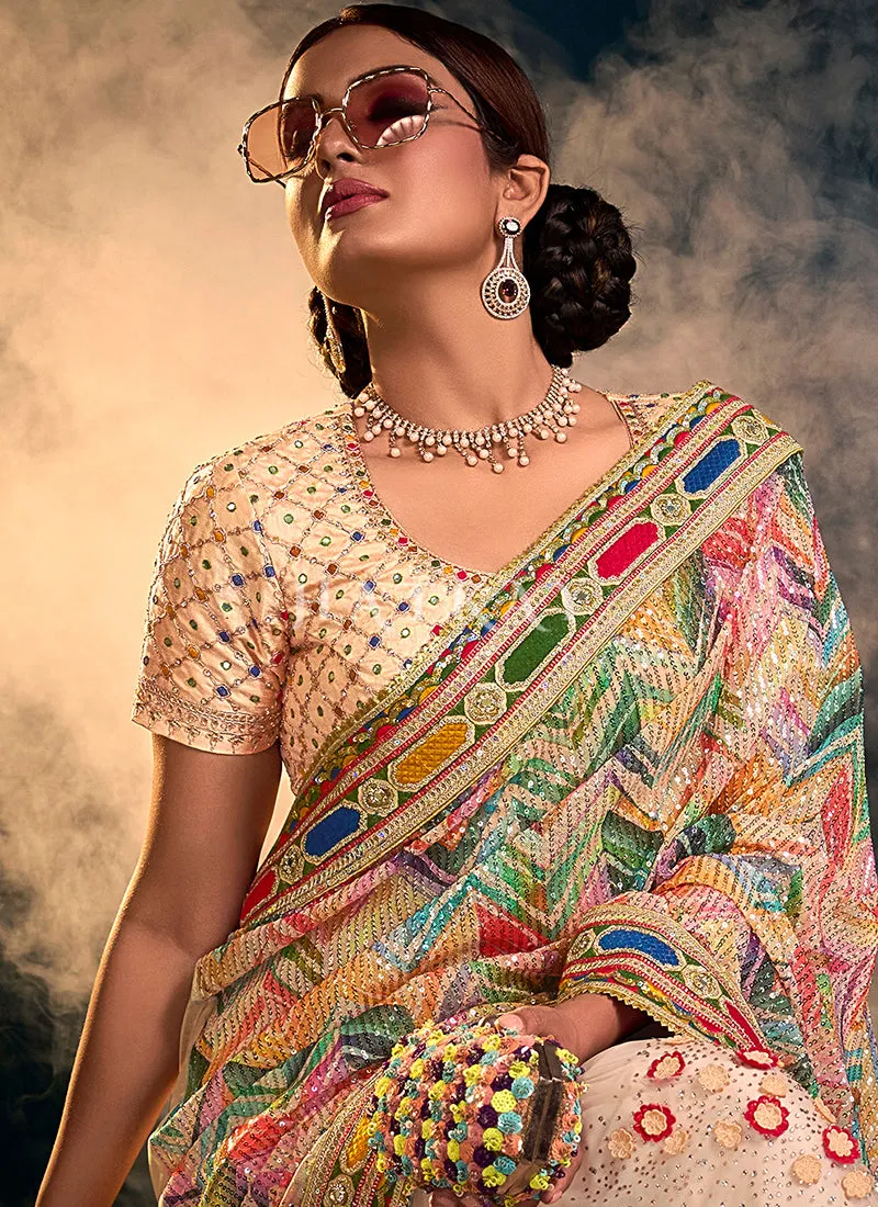 Soft Peach Sequence Embroidered Festive Saree
