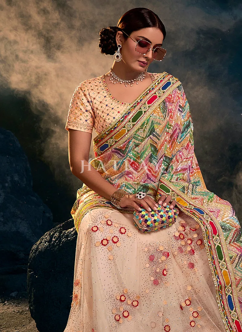 Soft Peach Sequence Embroidered Festive Saree