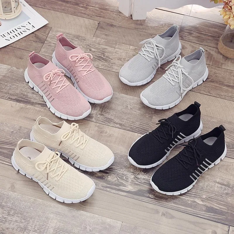 Solid Color Mesh Breathable Lace-Up Sneakers For Women