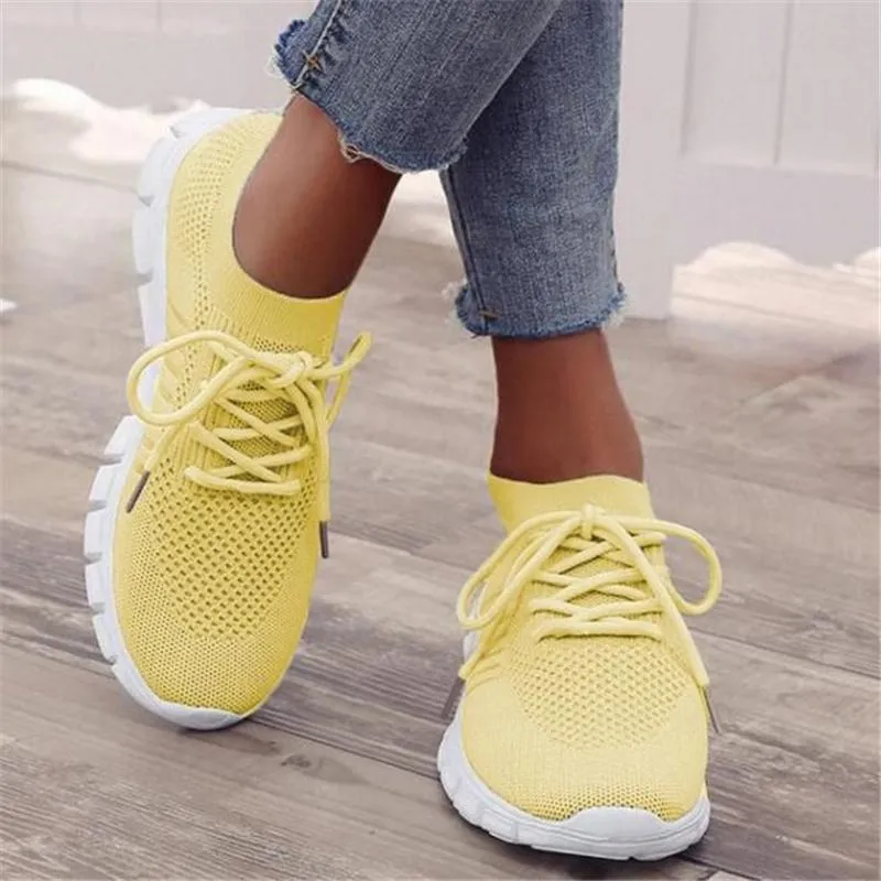 Solid Color Mesh Breathable Lace-Up Sneakers For Women