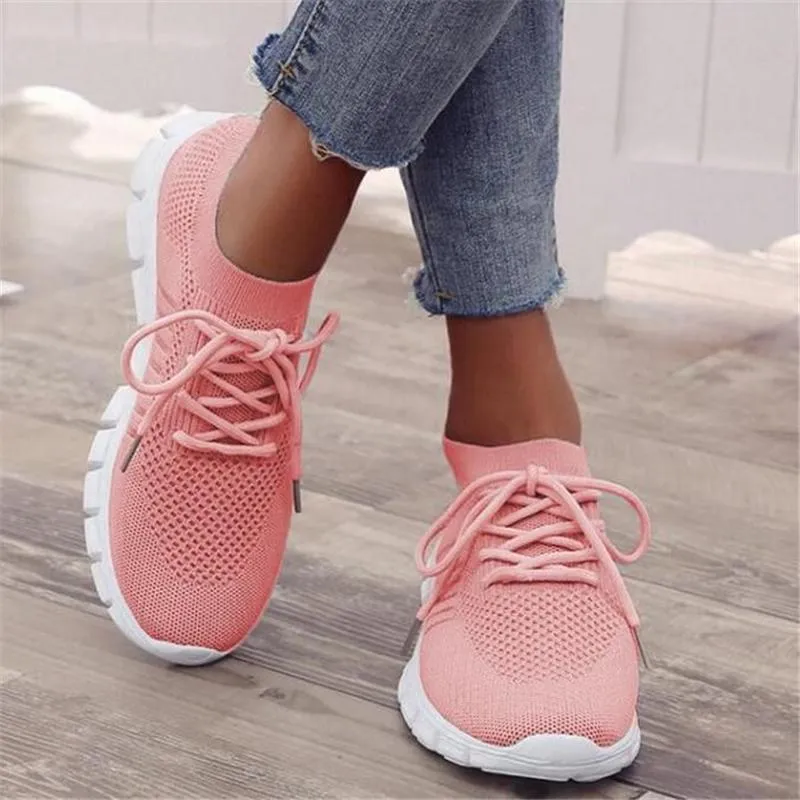Solid Color Mesh Breathable Lace-Up Sneakers For Women