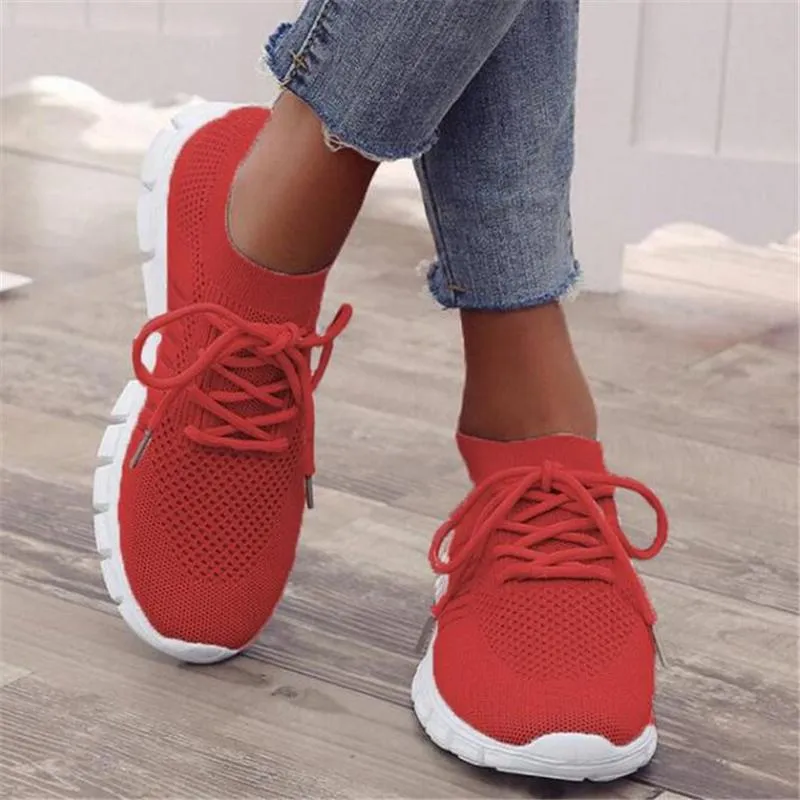 Solid Color Mesh Breathable Lace-Up Sneakers For Women