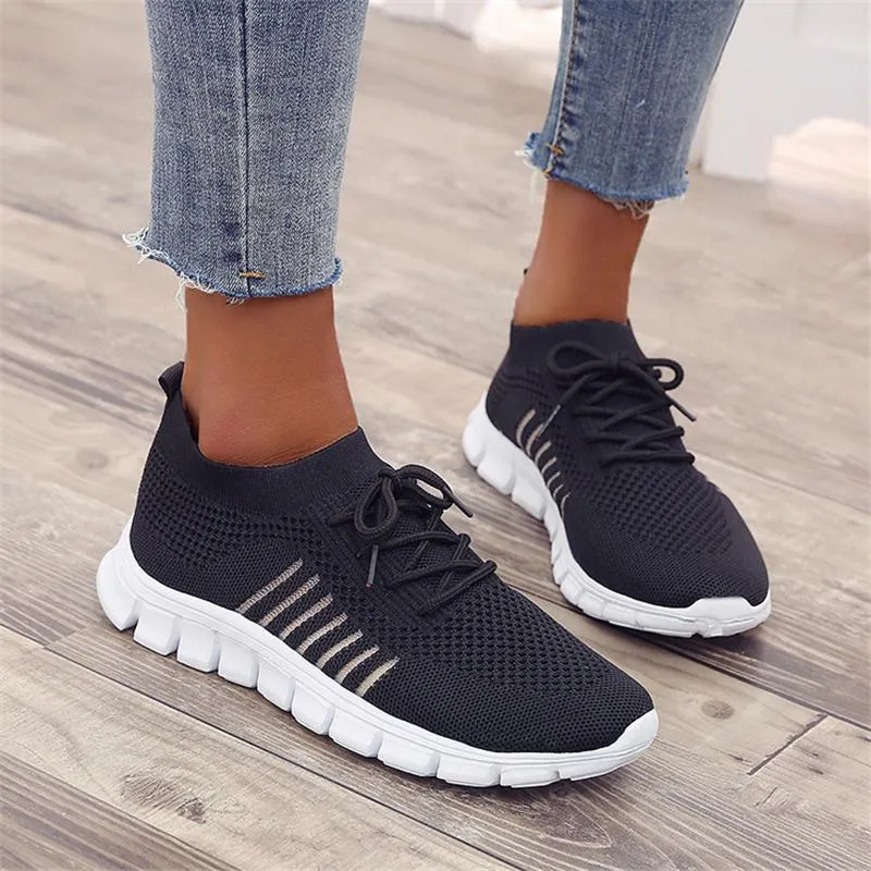 Solid Color Mesh Breathable Lace-Up Sneakers For Women
