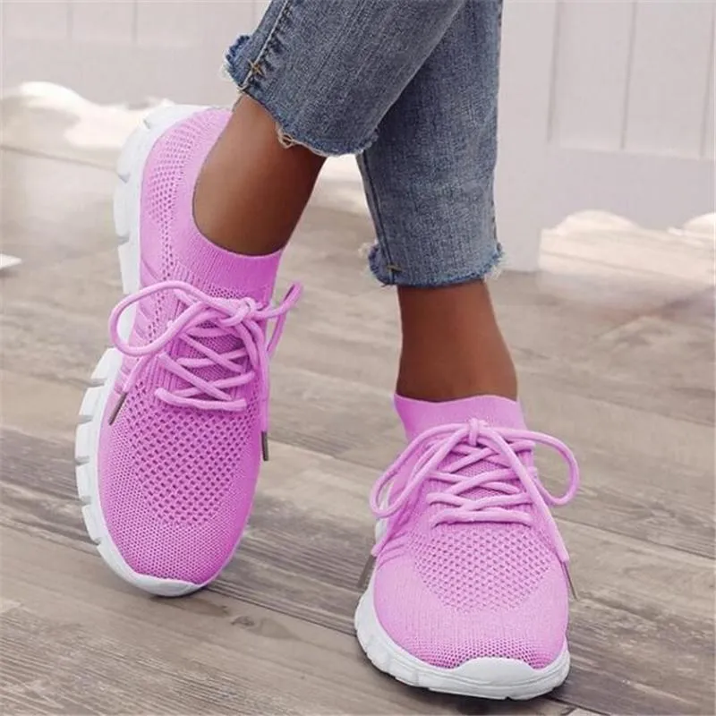 Solid Color Mesh Breathable Lace-Up Sneakers For Women