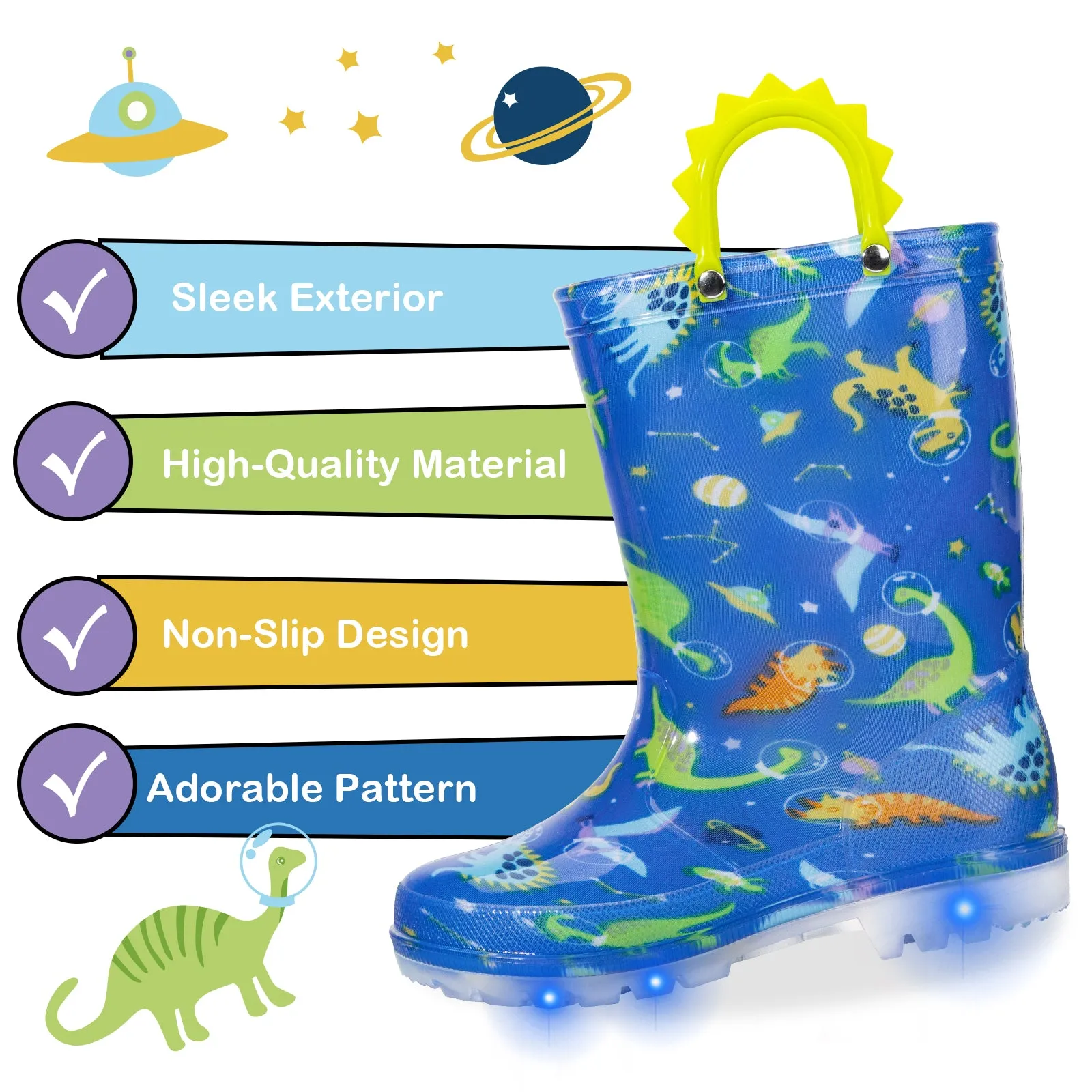 Space Dinosaur Light Up Kids Rain Boots