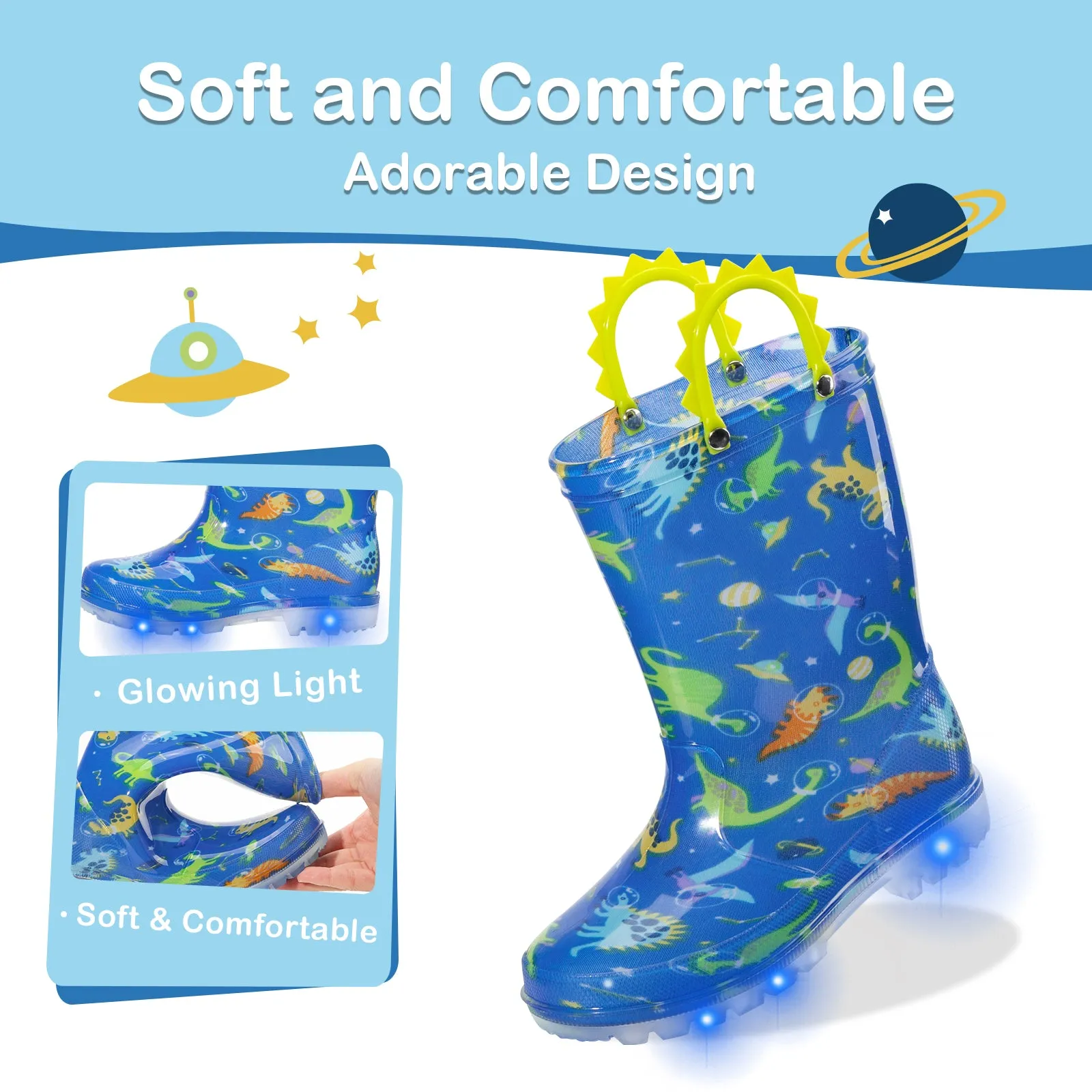 Space Dinosaur Light Up Kids Rain Boots