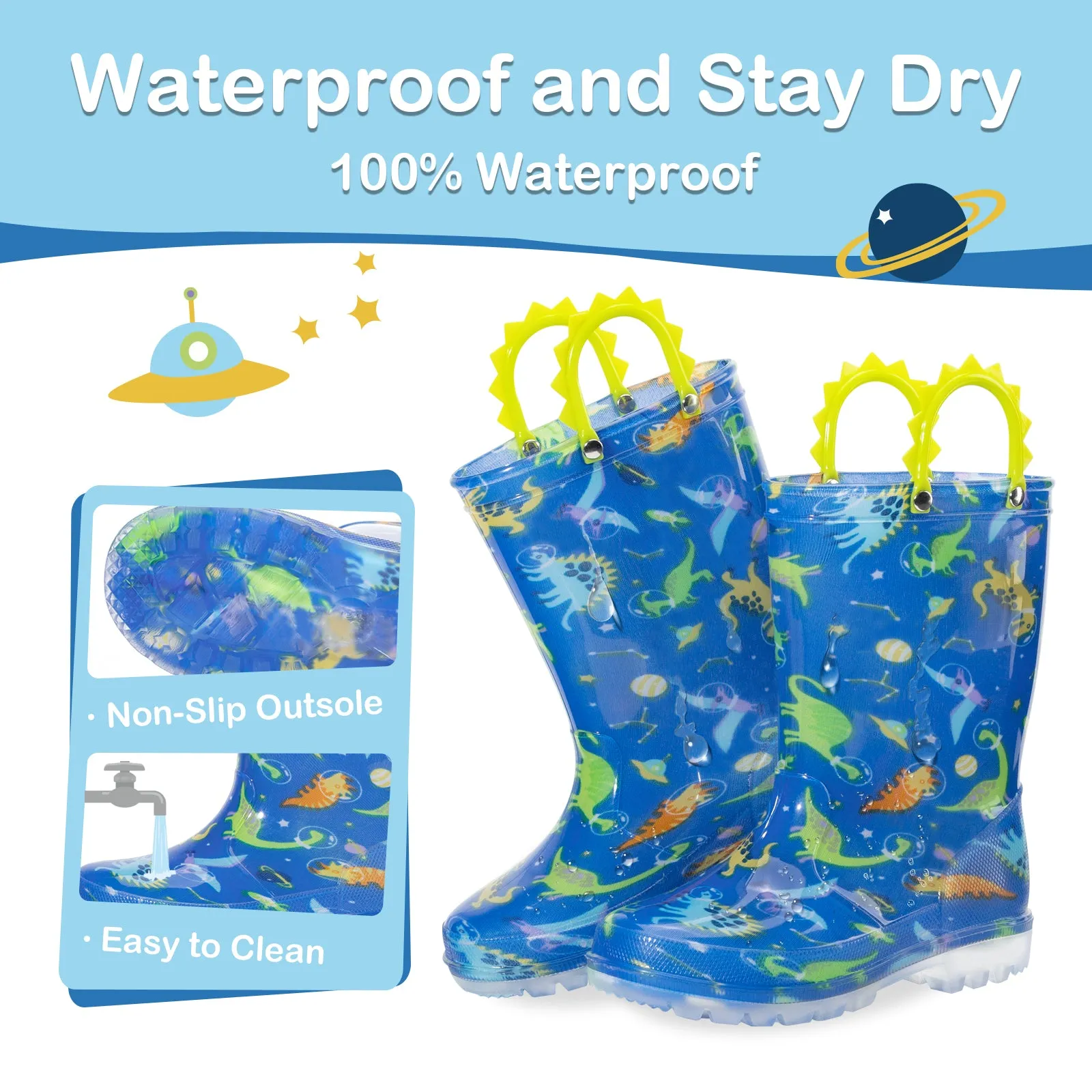 Space Dinosaur Light Up Kids Rain Boots