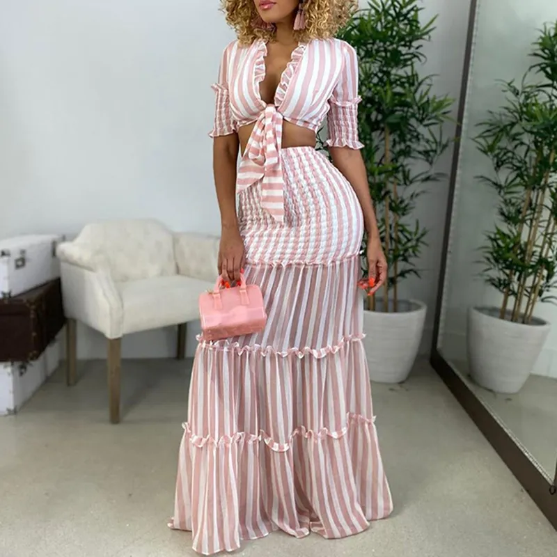 Stripe V Neck Tie Top & Maxi Skirt Set - Stylish 2-Piece Outfit