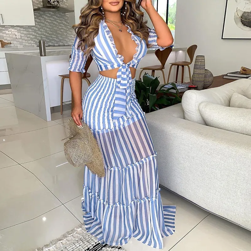Stripe V Neck Tie Top & Maxi Skirt Set - Stylish 2-Piece Outfit