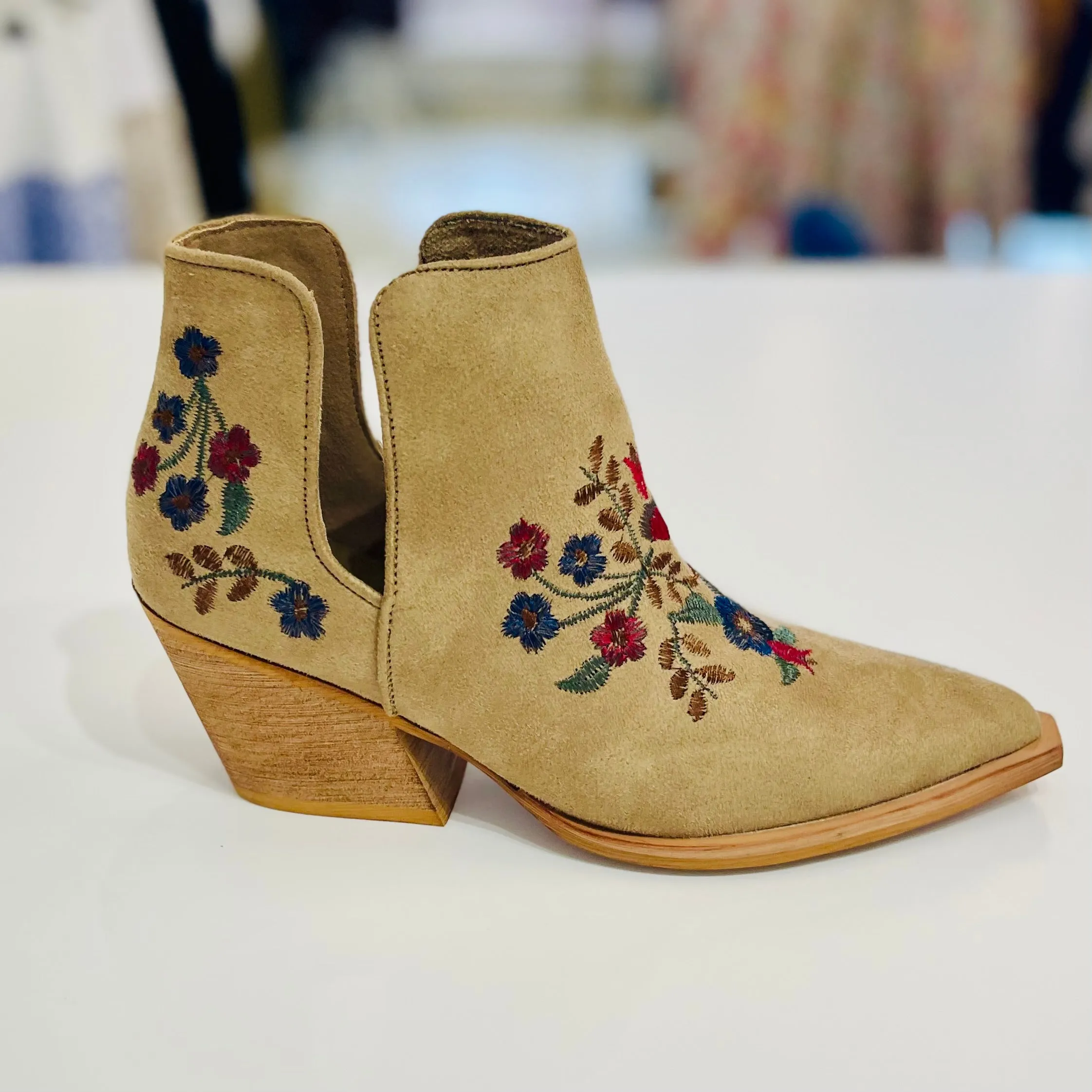 Tina Embroidered Tan Ankle Boots