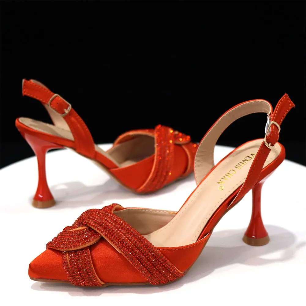 Venus Chan Italian Design Classic Women's Hand Bag Orange Color Matching High Heels African Wedding Party Shoe And Bag Set