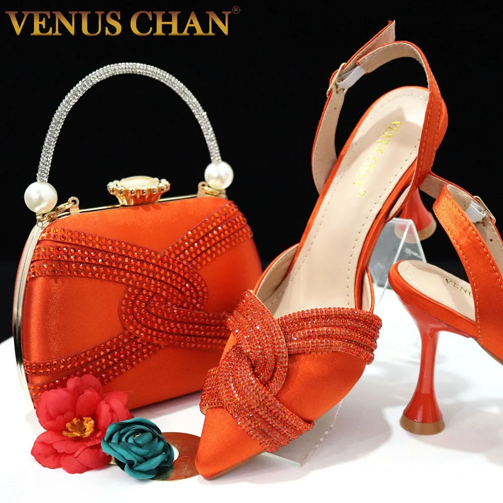 Venus Chan Italian Design Classic Women's Hand Bag Orange Color Matching High Heels African Wedding Party Shoe And Bag Set