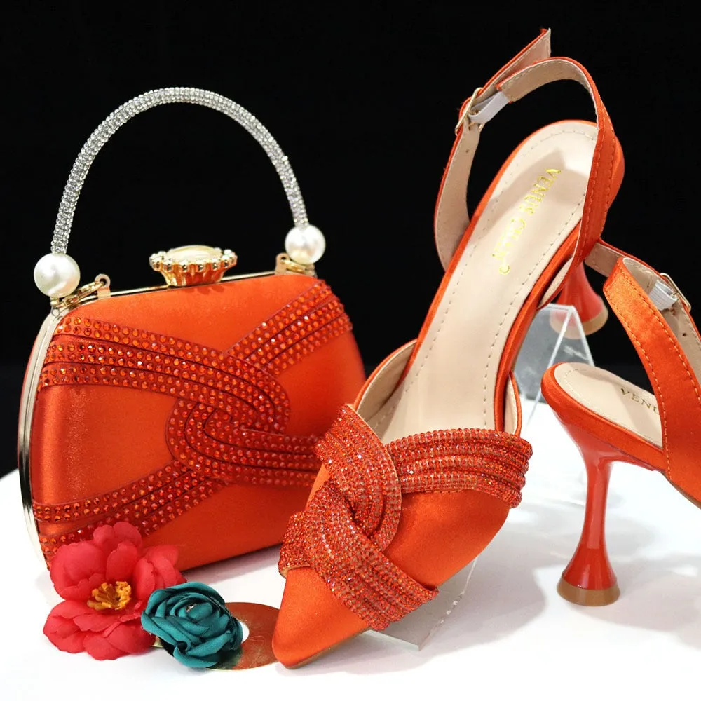 Venus Chan Italian Design Classic Women's Hand Bag Orange Color Matching High Heels African Wedding Party Shoe And Bag Set