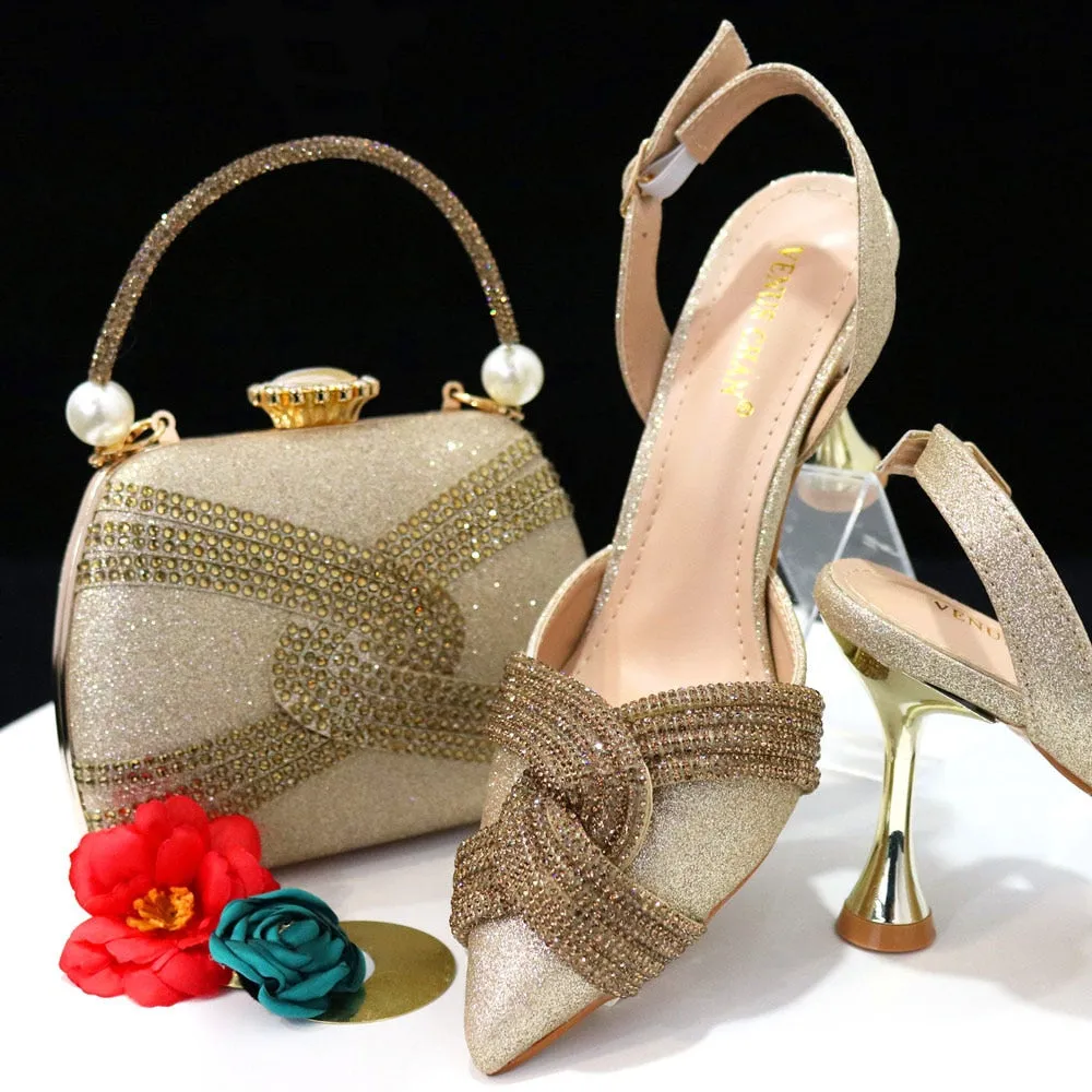 Venus Chan Italian Design Classic Women's Hand Bag Orange Color Matching High Heels African Wedding Party Shoe And Bag Set
