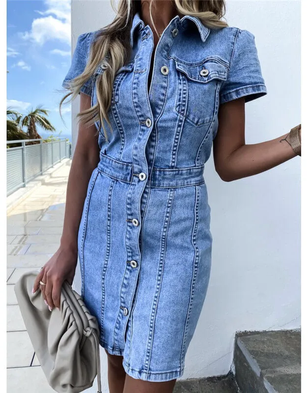 Vintage Slim One-piece Dress High Waist Denim Package Hip Skirt